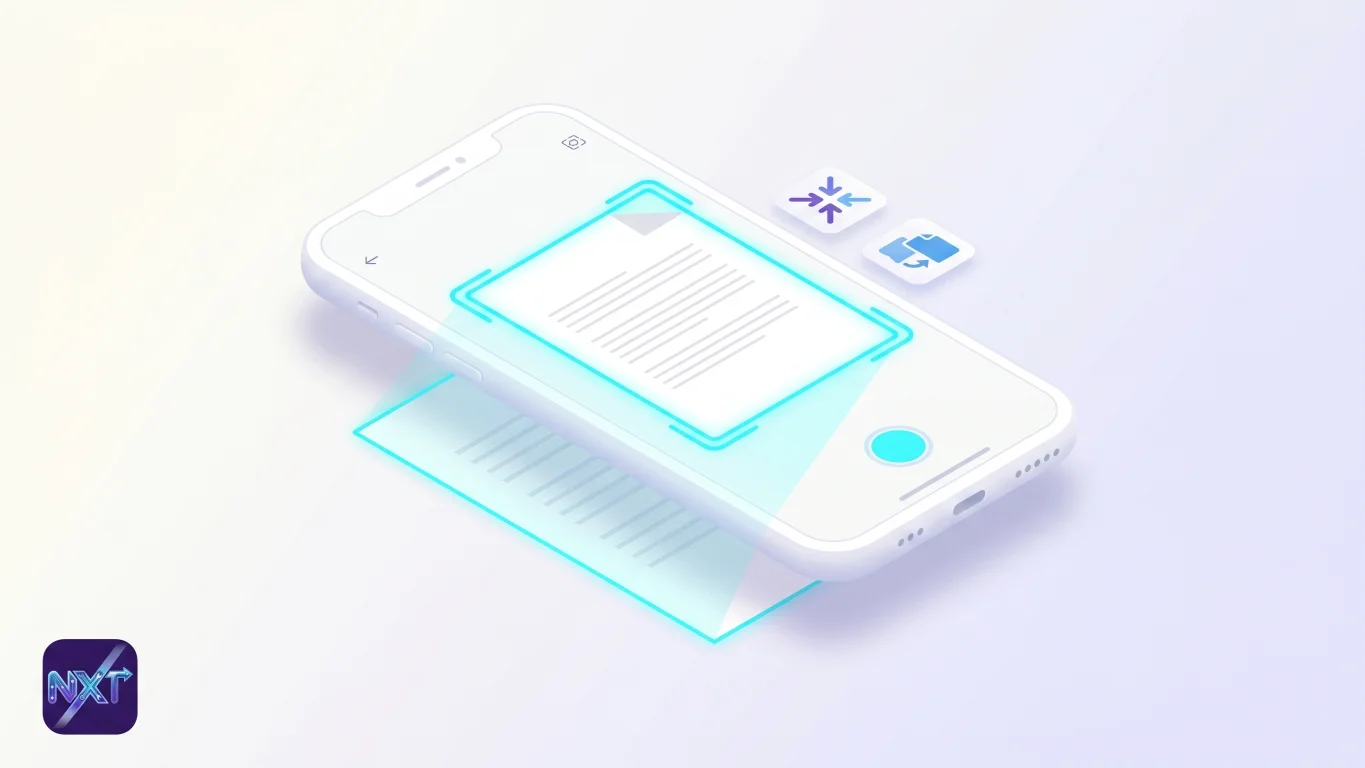 Isometric illustration of a phone scanning a document in a glowing cyan capture frame, with compress and merge tool tiles.