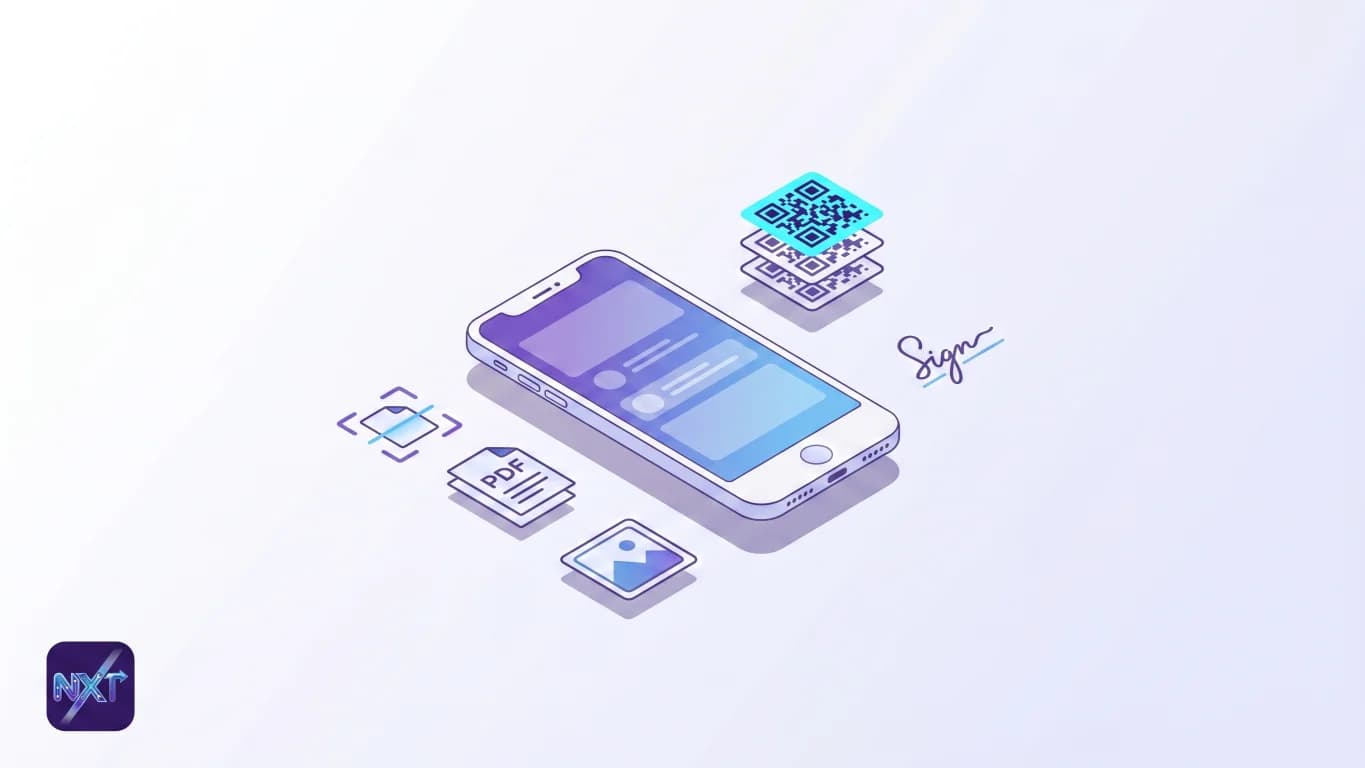 Isometric illustration of a phone ringed by scan, PDF, image, signature, and QR-code tool icons.