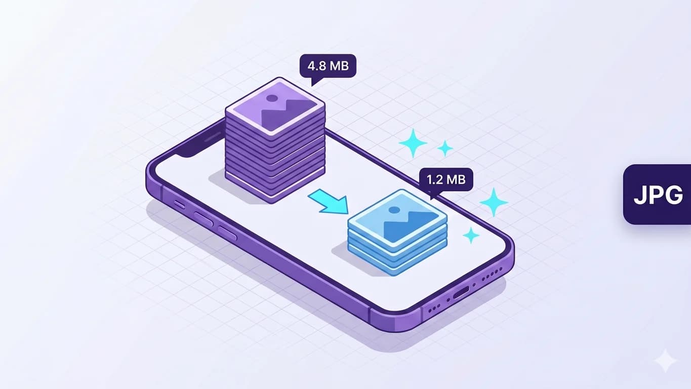 Isometric illustration of an iPhone with a tall purple photo stack shrinking via a cyan arrow into a smaller blue photo stack, with MB size callouts and a JPG file tab.