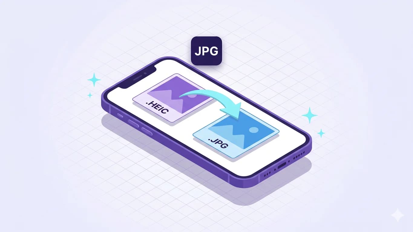 Isometric illustration of an iPhone converting a HEIC photo card into a JPG photo card on-device with NxtTools Image Tools.