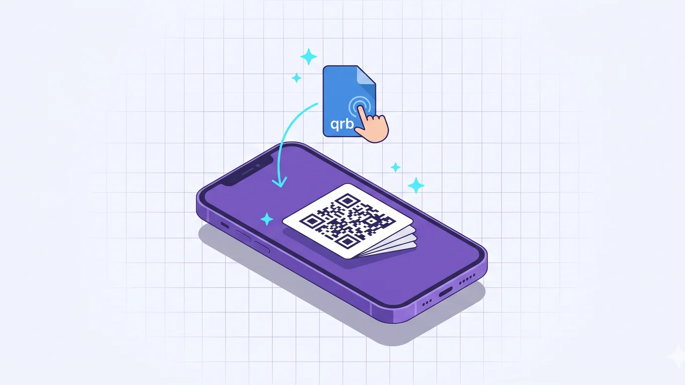 Isometric illustration of a .qrb file being tapped and opening into a QR code card on a purple iPhone, on NxtTools' grid background.