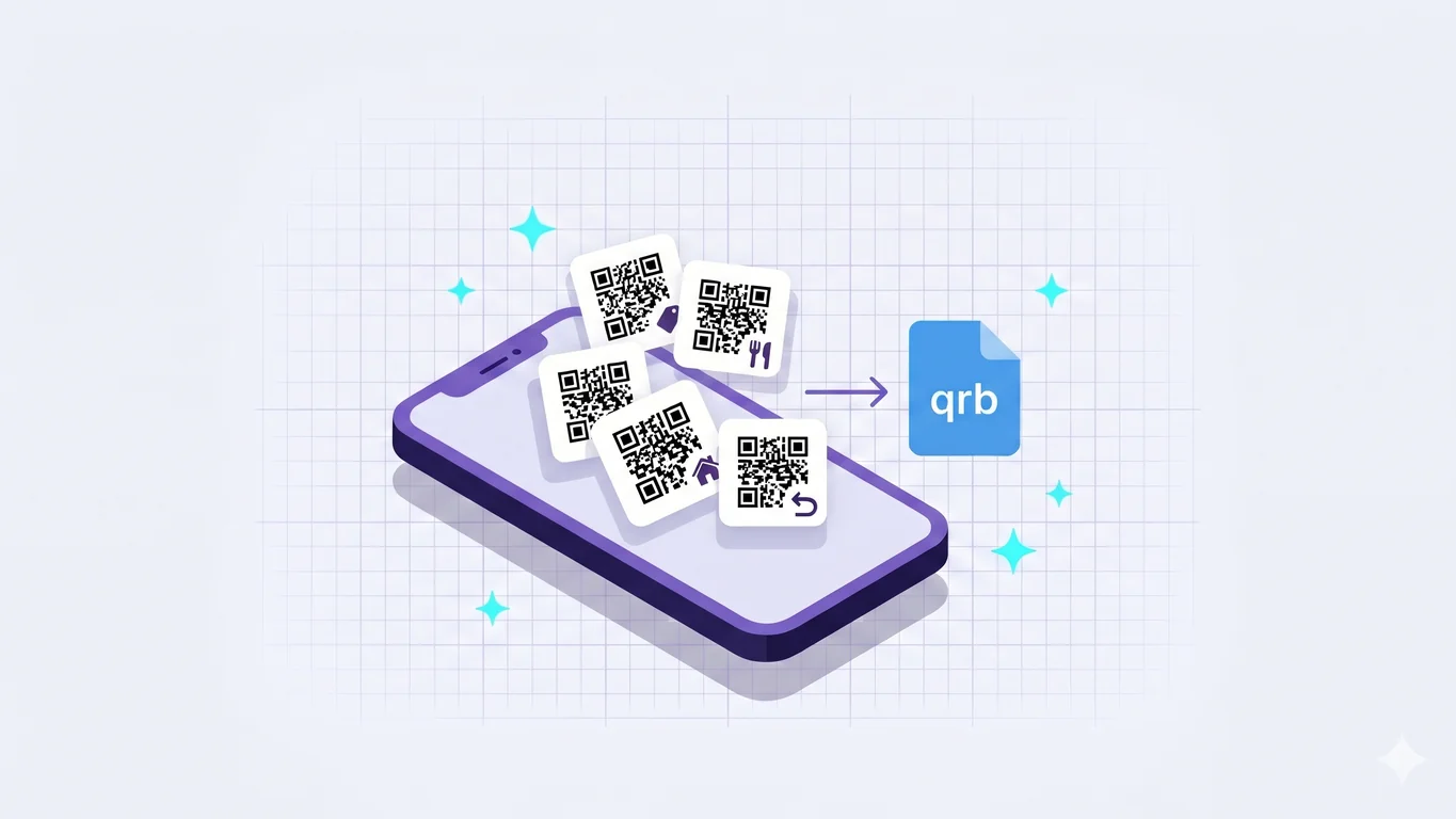 Smartphone showing several different QR codes from retail, dining, real estate and shipping converging into one .qrb bundle file in NxtTools.
