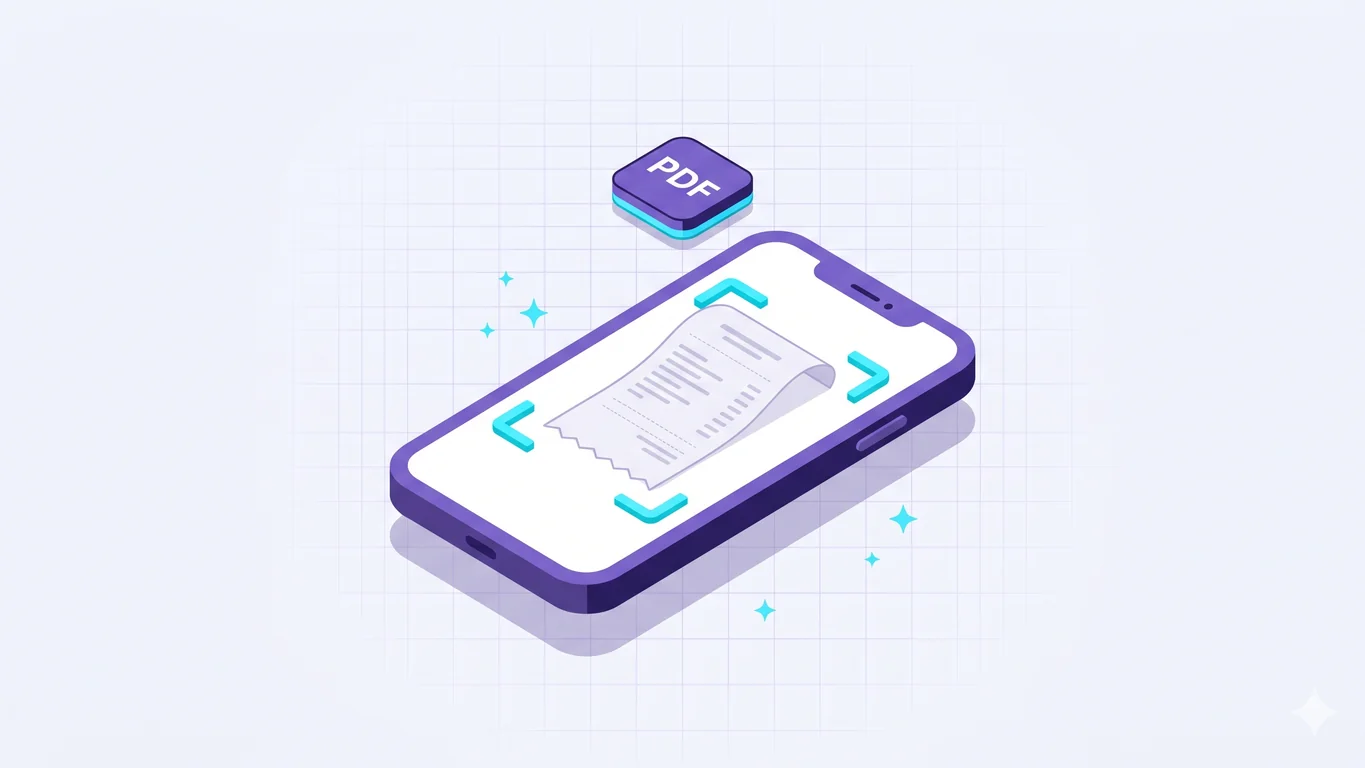 Ilustración isométrica de un iPhone morado escaneando un recibo largo de papel térmico con marcos de recorte cian, que genera una ficha de archivo PDF sobre la pantalla.