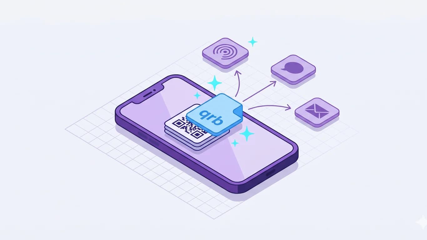 Isometric illustration of a phone sending one .qrb bundle file out to AirDrop, message, and email destinations — NxtTools QR Bundles share flow.
